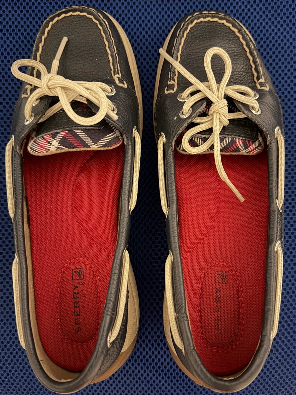 Sperry Blue Leather Boat Shoeswith Cream Laces and Red Insoles and plaid detail